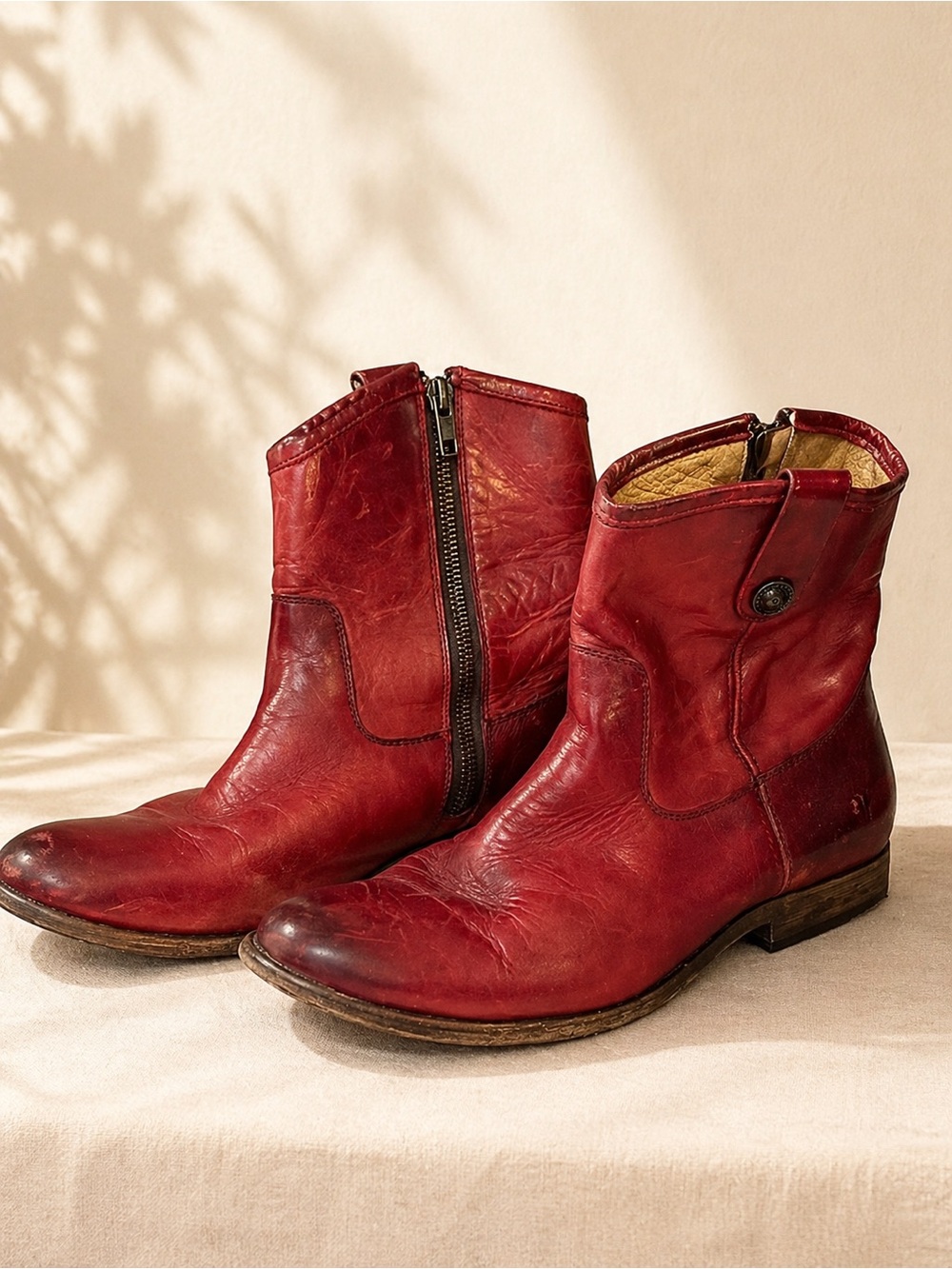 Frye Red Leather Ankle Boots with Side Zip Detail